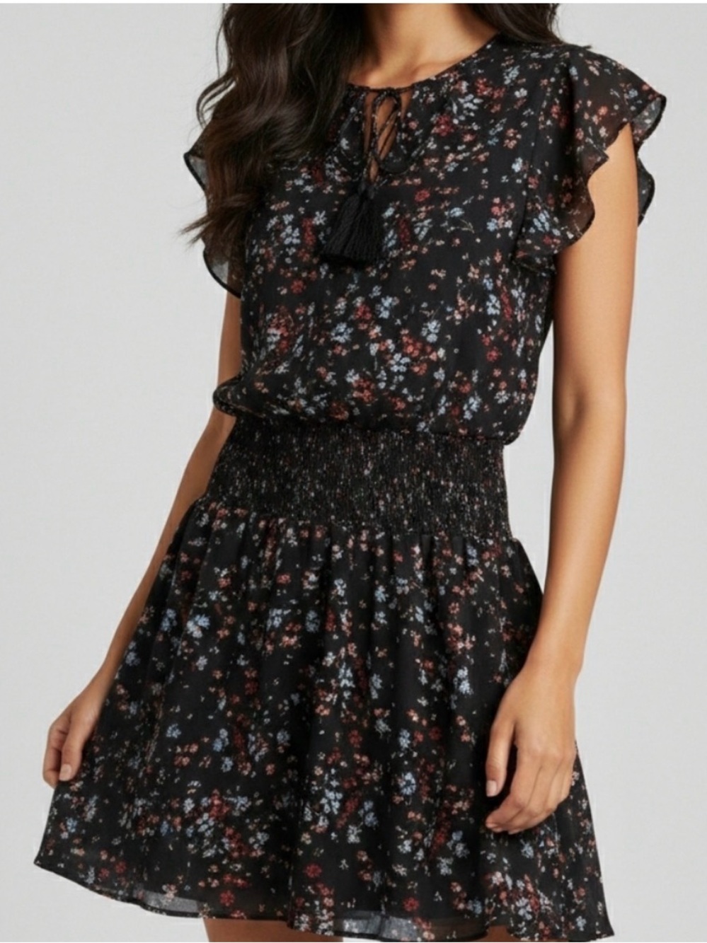 Parker Black Floral Flutter Mini Dress